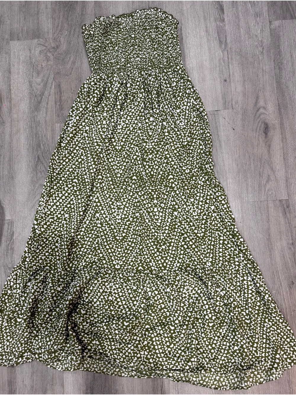 Anthropologie Olive Green and White Strapless Printed Maxi Dress